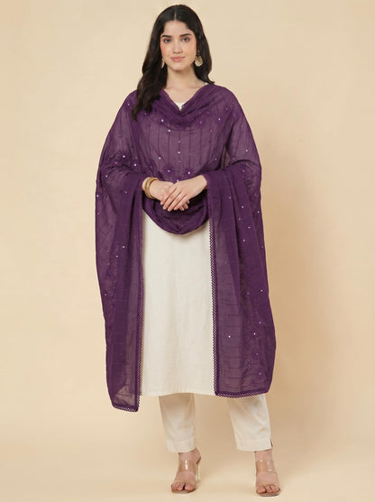 Floral Self Embroidered Chanderi Cotton Dupatta for Women | Purple - view 2