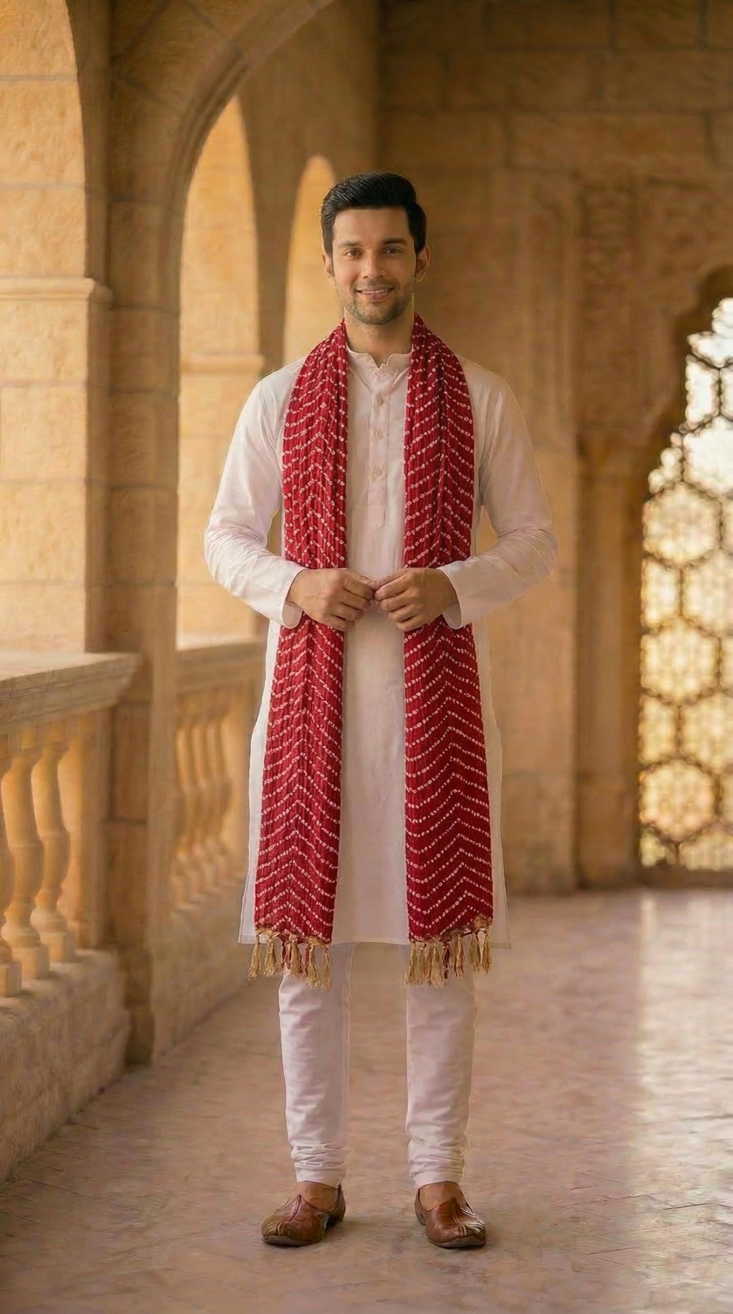 Printed Bandhani Dupatta for Men | Maroon