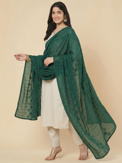 Floral Self Embroidered Chanderi Cotton Dupatta for Women | Bottle Green - view 2