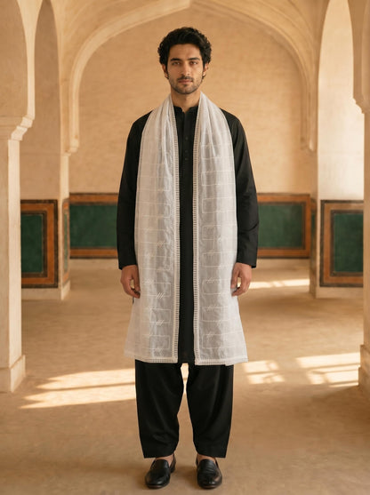 Pure Cotton Self Embroidered Stripe Dupatta for Men | White
