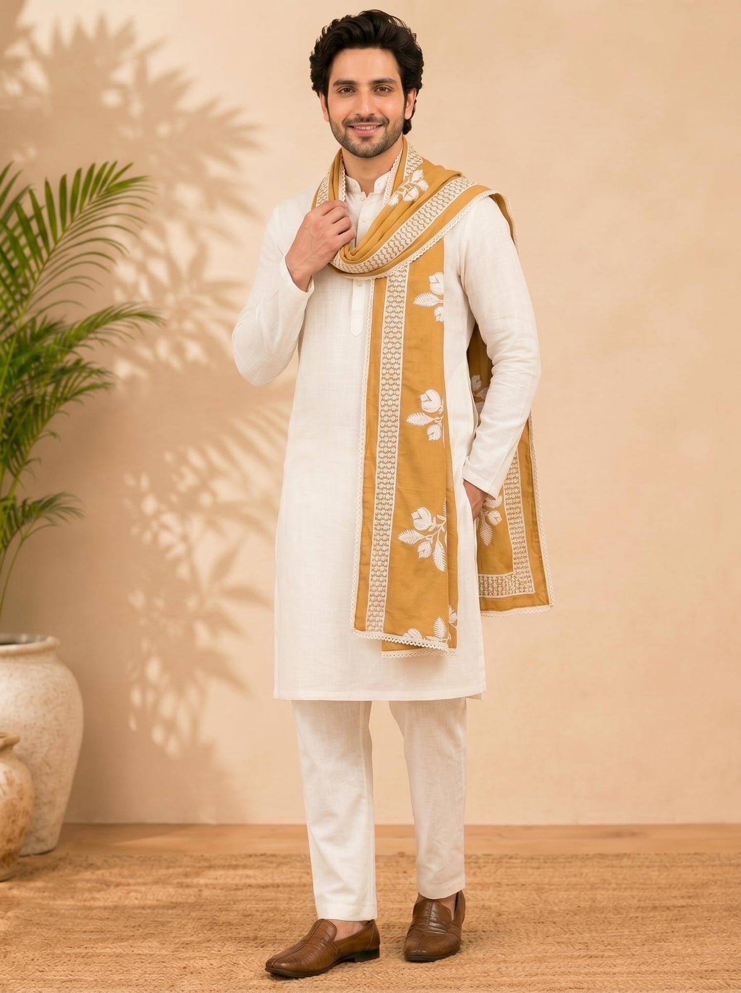 Pure Cotton Floral Embroidered Dupatta for Men | Sand Beige - view 3