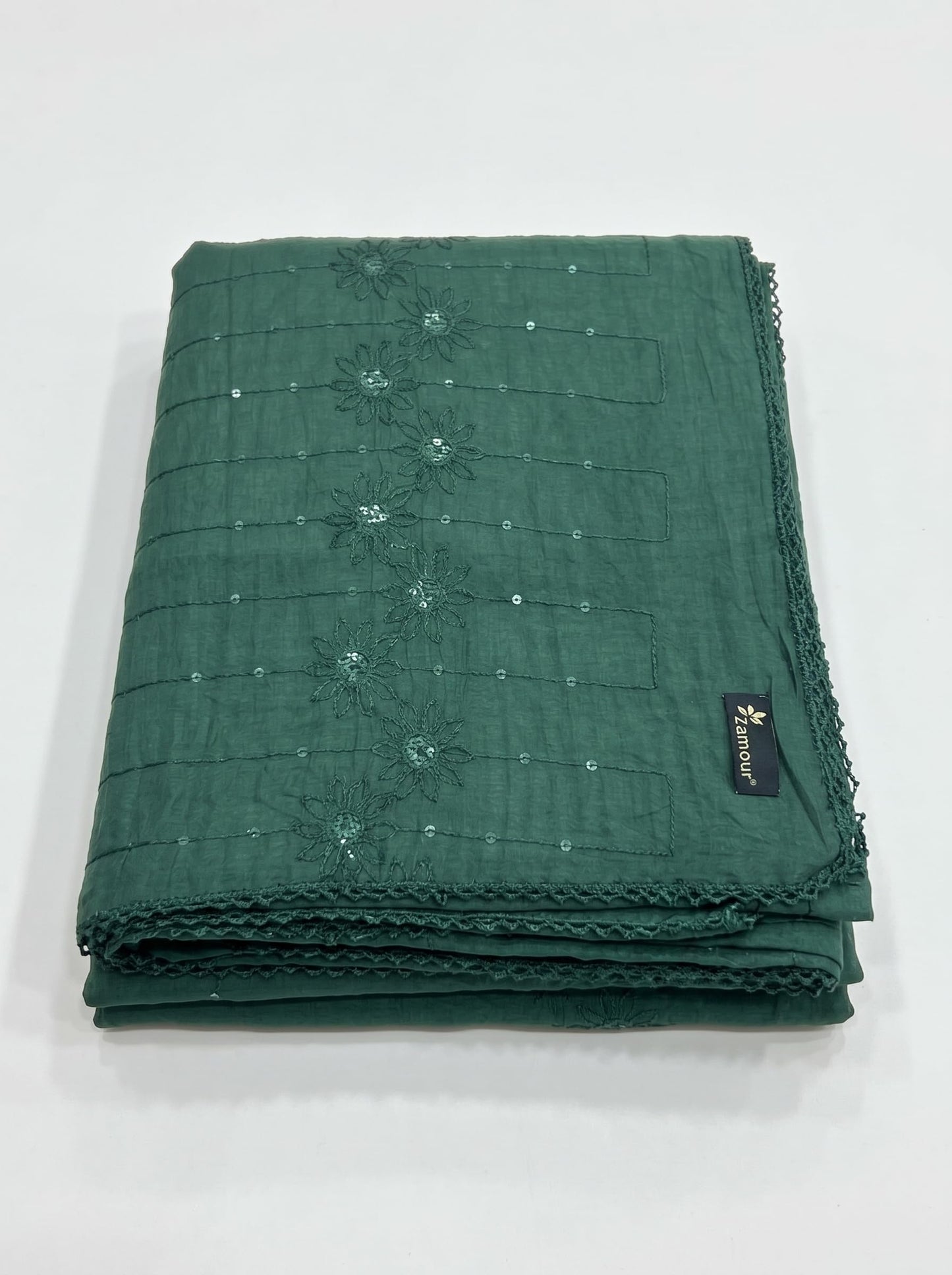Floral Self Embroidered Chanderi Cotton Dupatta for Women | Bottle Green - view 6