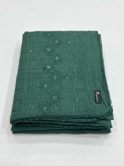 Floral Self Embroidered Chanderi Cotton Dupatta for Women | Bottle Green - view 6