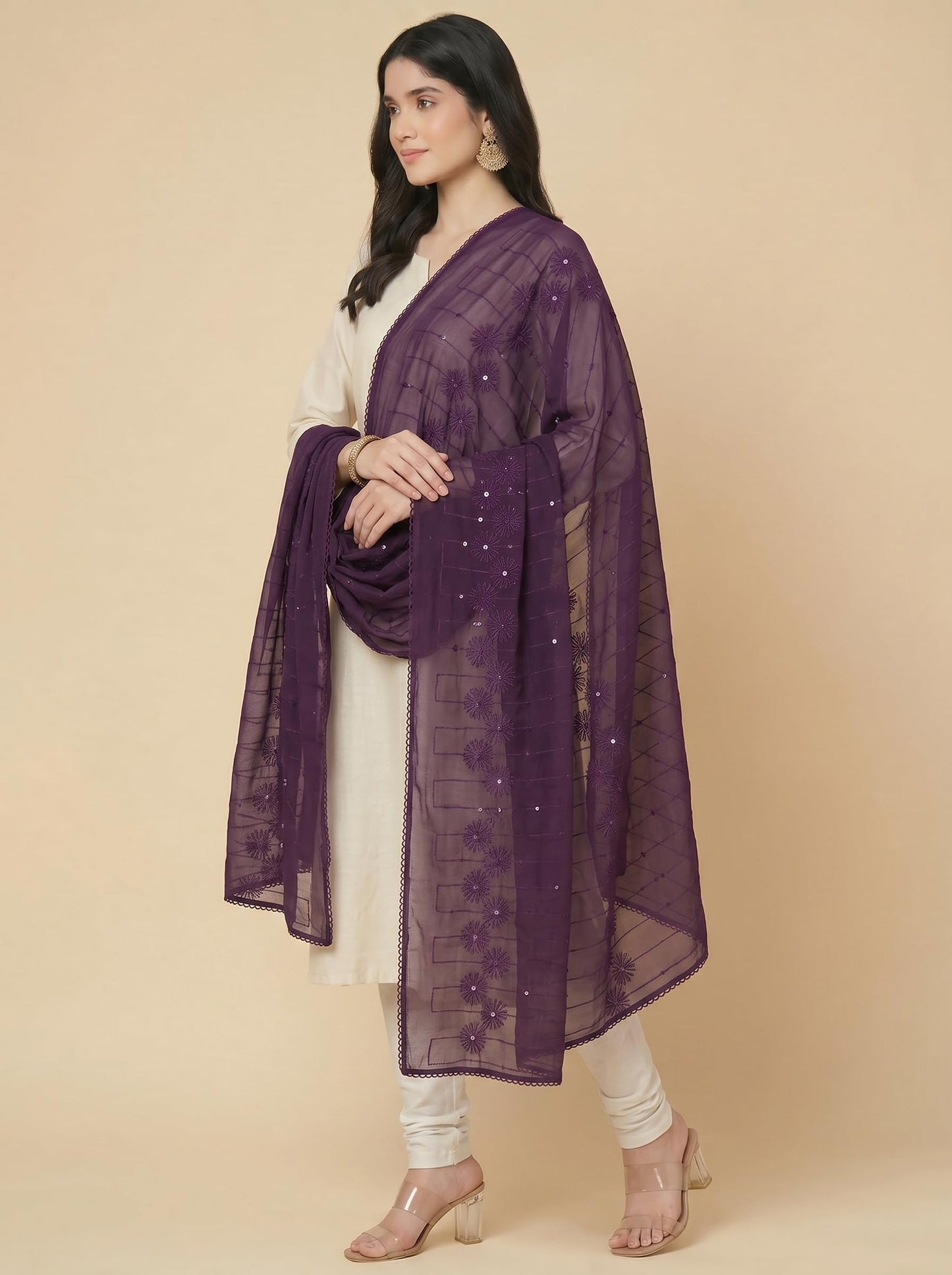 Floral Self Embroidered Chanderi Cotton Dupatta for Women | Purple - view 3