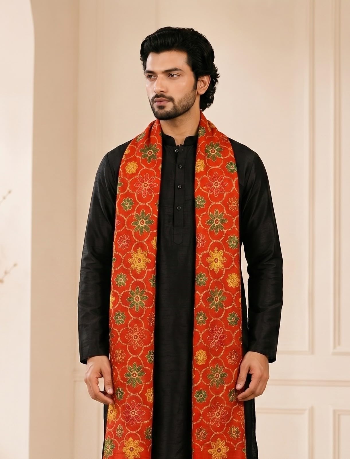 Pure Cotton Embroidered Phulkari Dupatta for Men | Red - view 5
