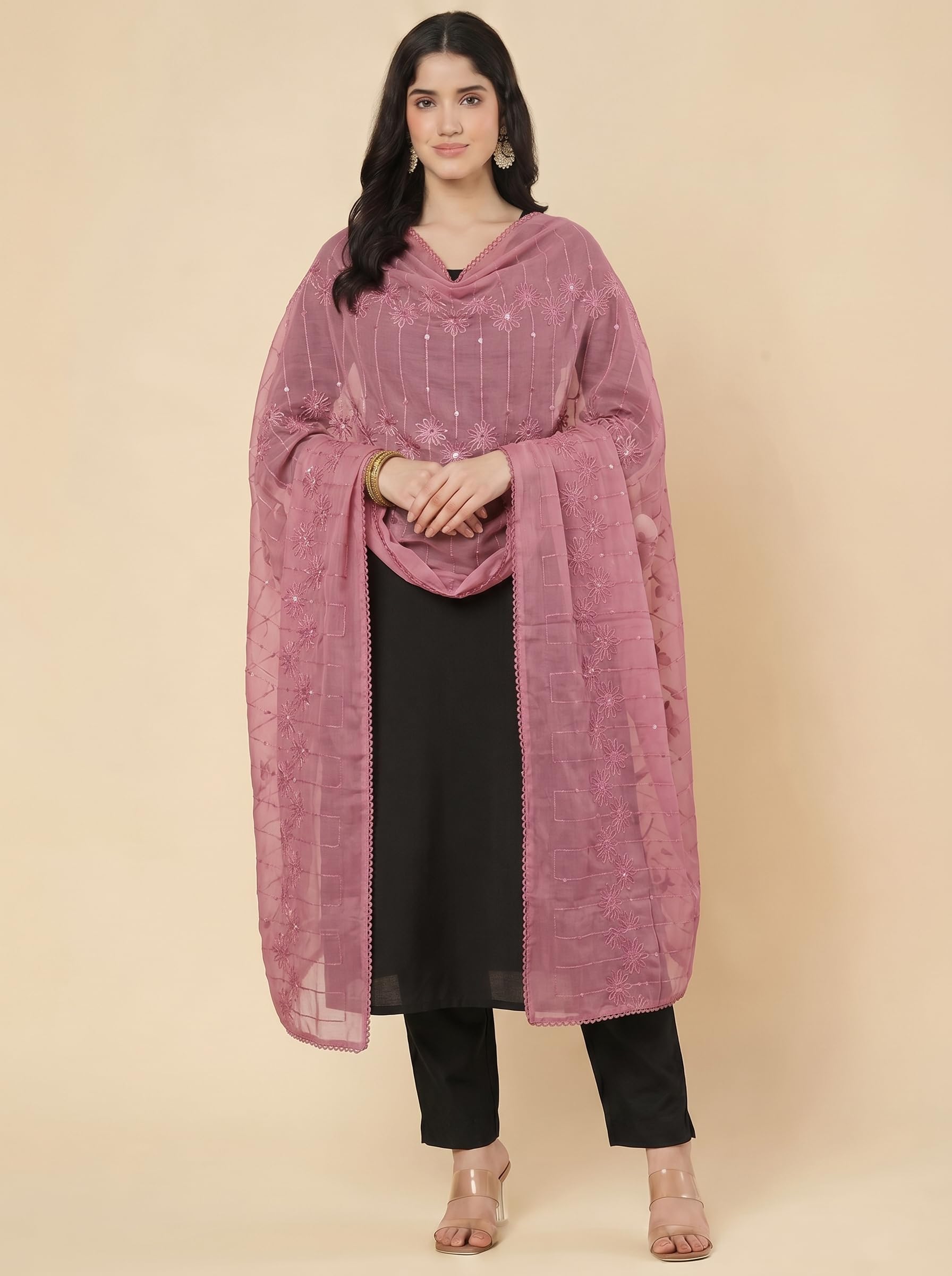 Floral Self Embroidered Chanderi Cotton Dupatta for Women | Dusty Pink - view 3