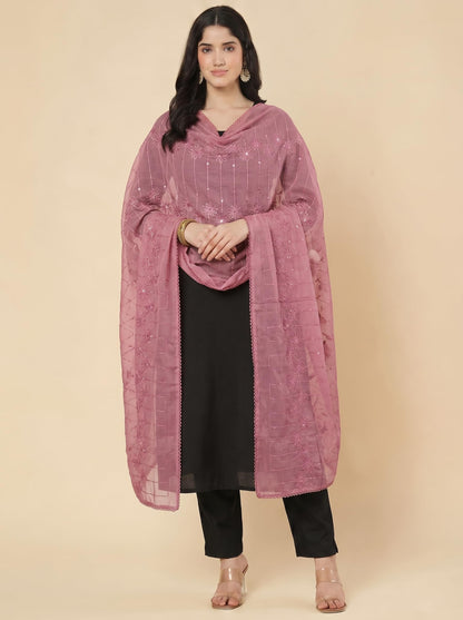 Floral Self Embroidered Chanderi Cotton Dupatta for Women | Dusty Pink - view 3