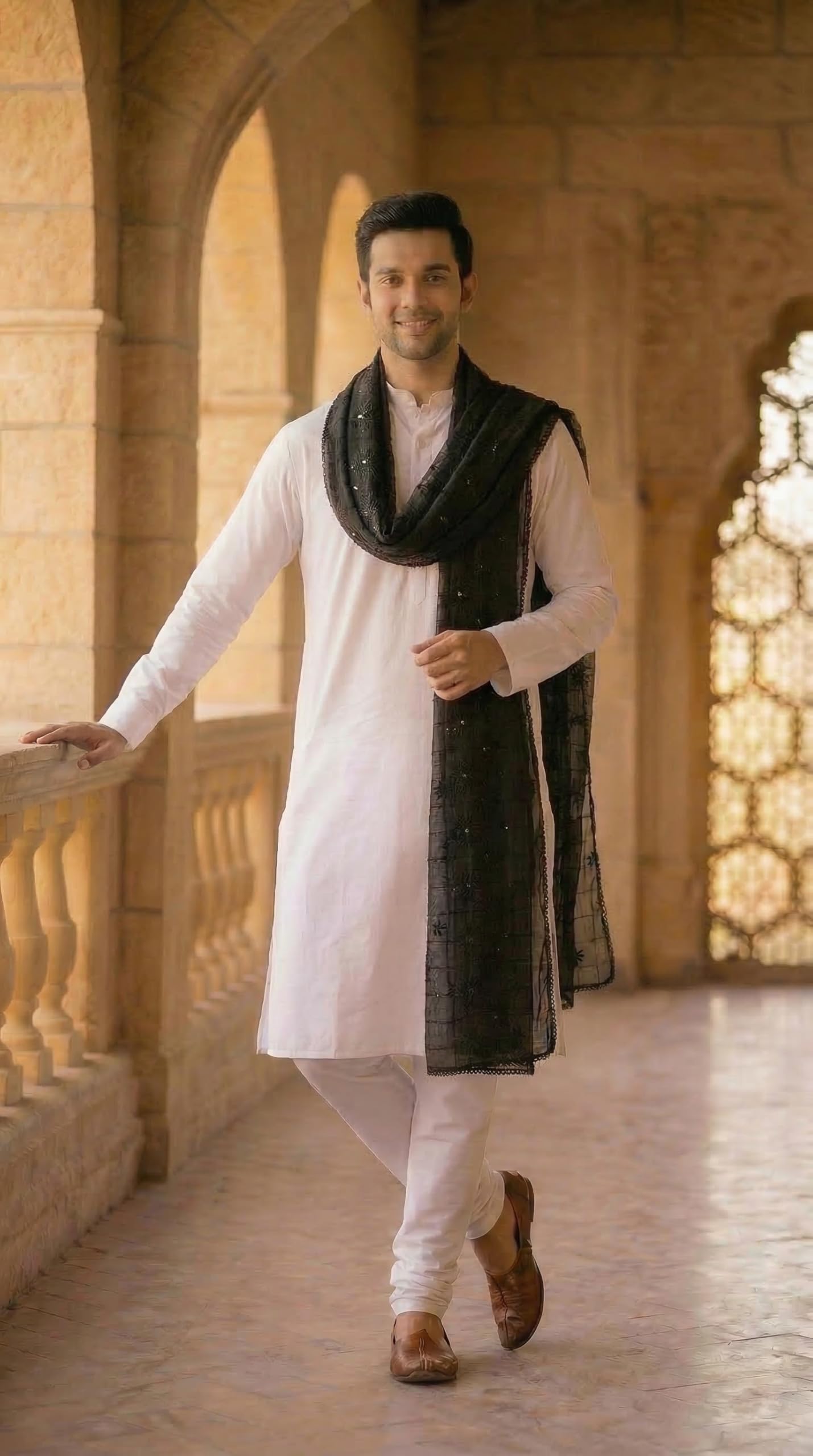Chanderi Cotton Self Embroidery Dupatta for Men | Black - view 2