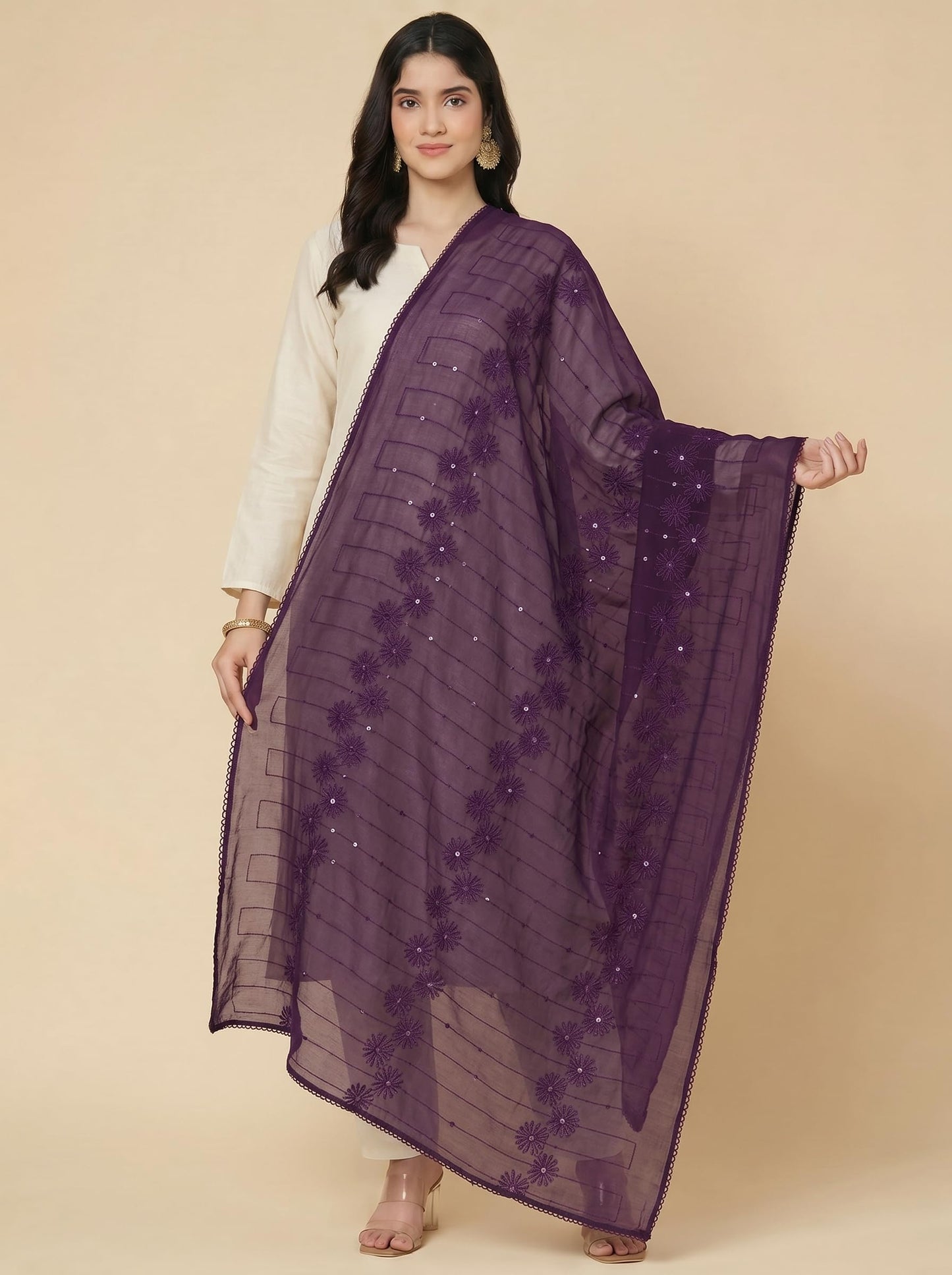 Floral Self Embroidered Chanderi Cotton Dupatta for Women | Purple - view 4
