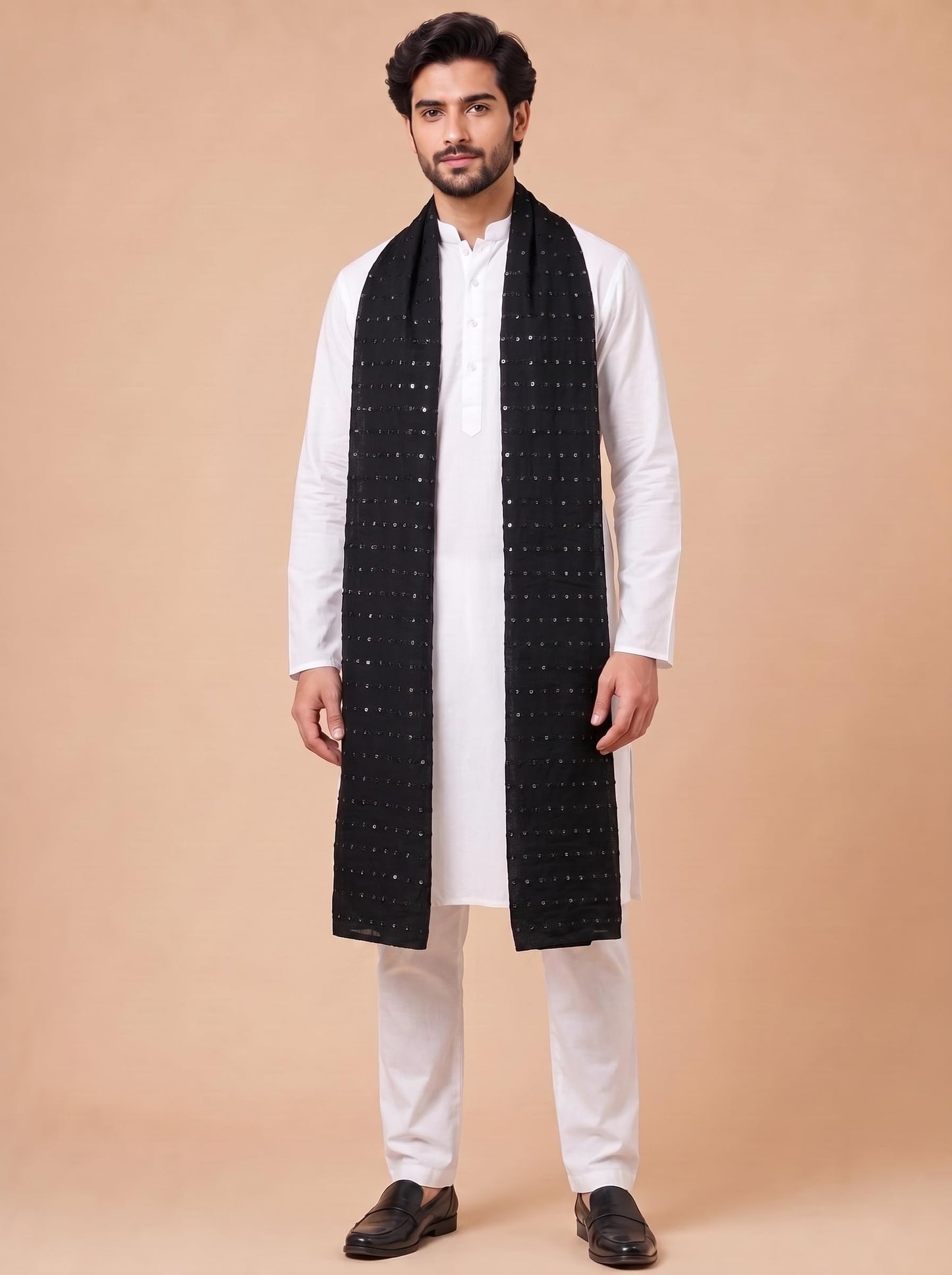 Pure Cotton Embroidered Dupatta for Men with Sequin | Black