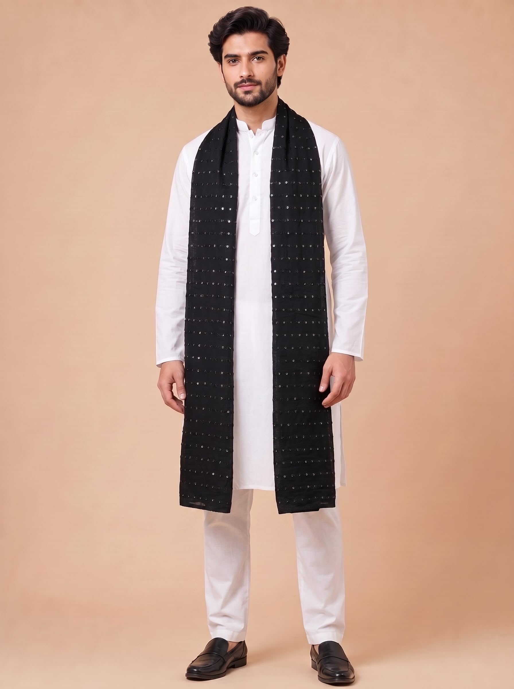 Pure Cotton Embroidered Dupatta for Men with Sequin | Black