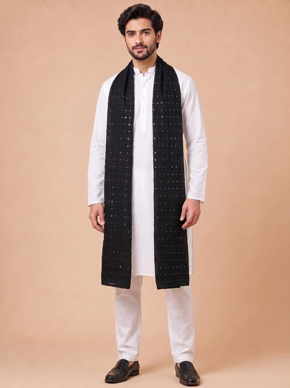 Pure Cotton Embroidered Dupatta for Men with Sequin | Black