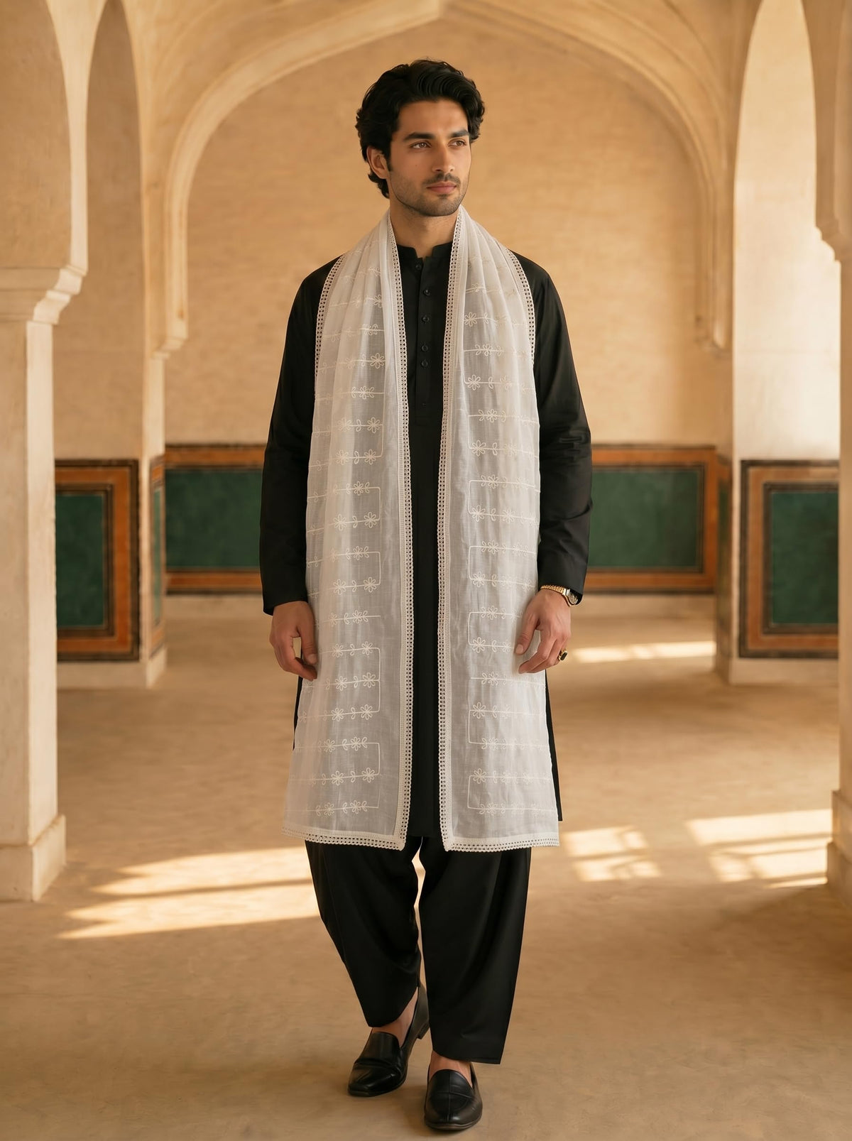 Pure Cotton Self Embroidered Floral Dupatta for Men | White