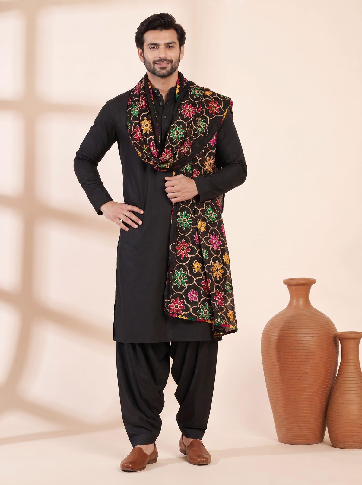 Pure Cotton Embroidered Phulkari Dupatta for Men | Black - view 6