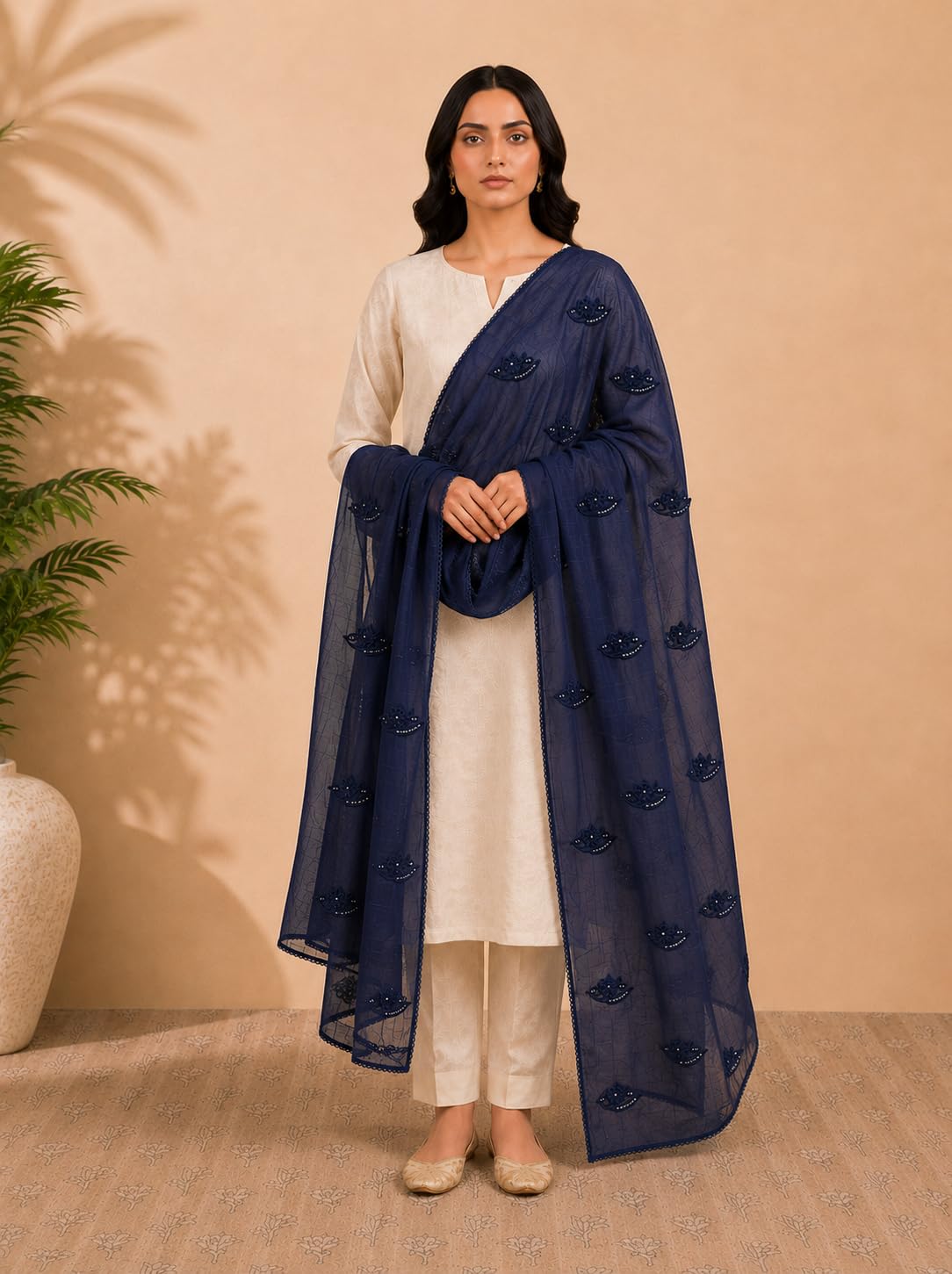 Self Floral Embroidery Chanderi Cotton Dupatta for Women | Navy Blue - view 3