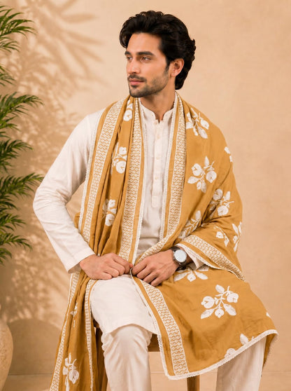 Pure Cotton Floral Embroidered Dupatta for Men | Sand Beige - view 6