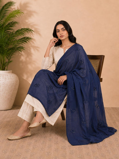 Self Floral Embroidery Chanderi Cotton Dupatta for Women | Navy Blue - view 5