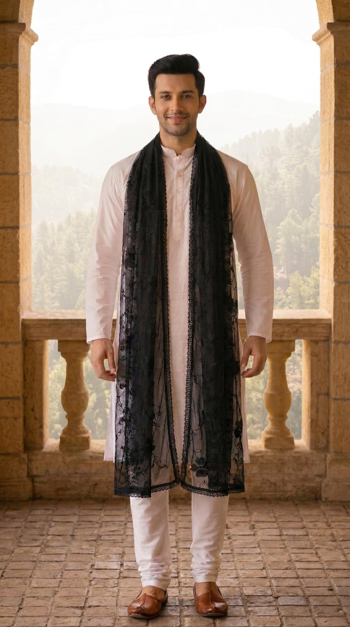 Pure Cotton Self Embroidery Dupatta for Men | Black
