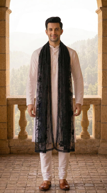 Pure Cotton Self Embroidery Dupatta for Men | Black