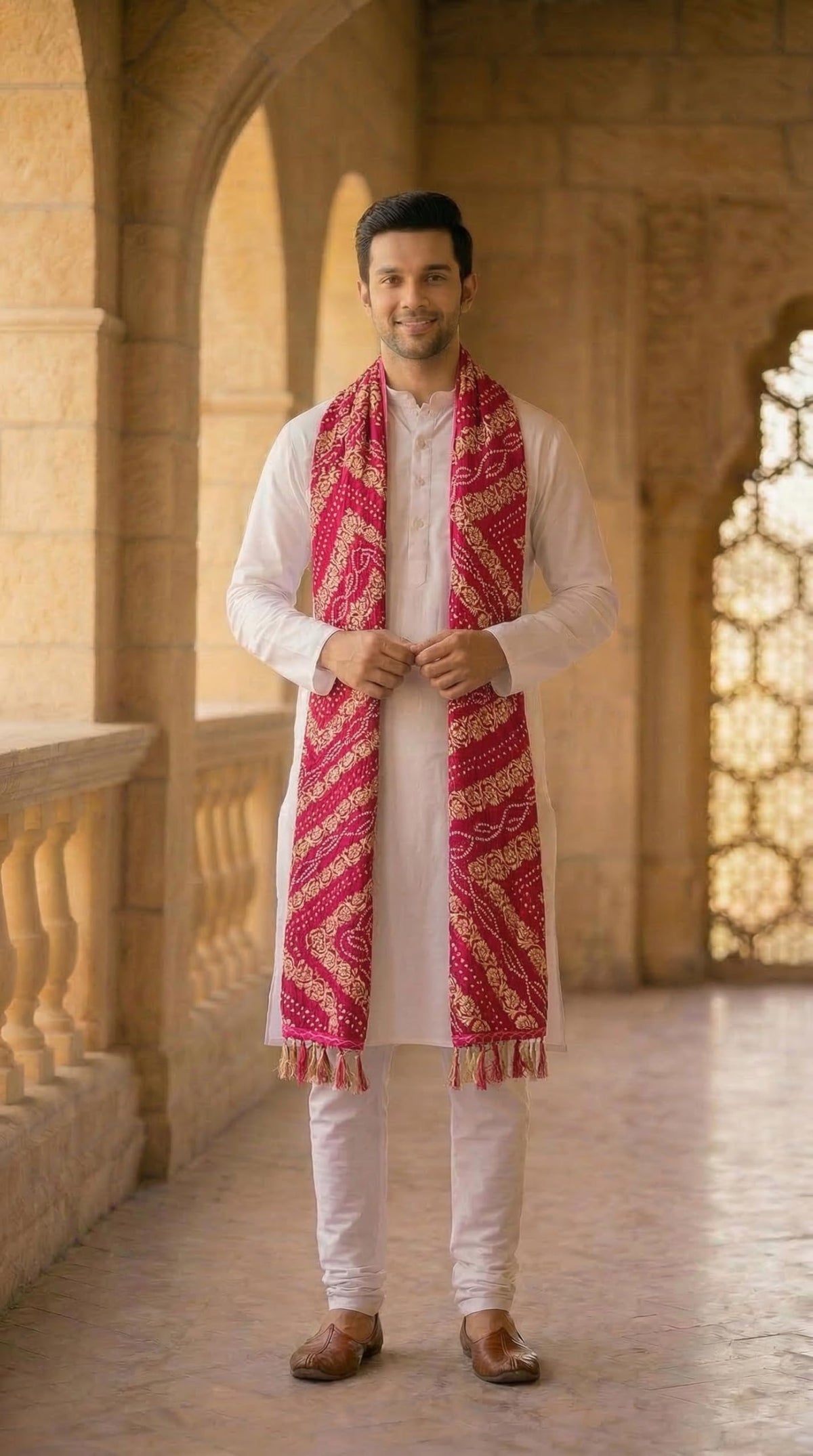 Chinnon Bandhani Dupatta for Men | Pink