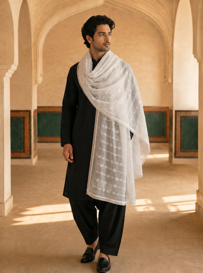 Pure Cotton Self Embroidered Floral Dupatta for Men | White - view 4