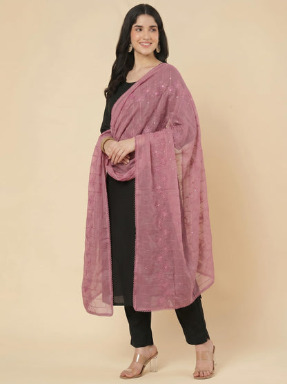 Floral Self Embroidered Chanderi Cotton Dupatta for Women | Dusty Pink - view 4