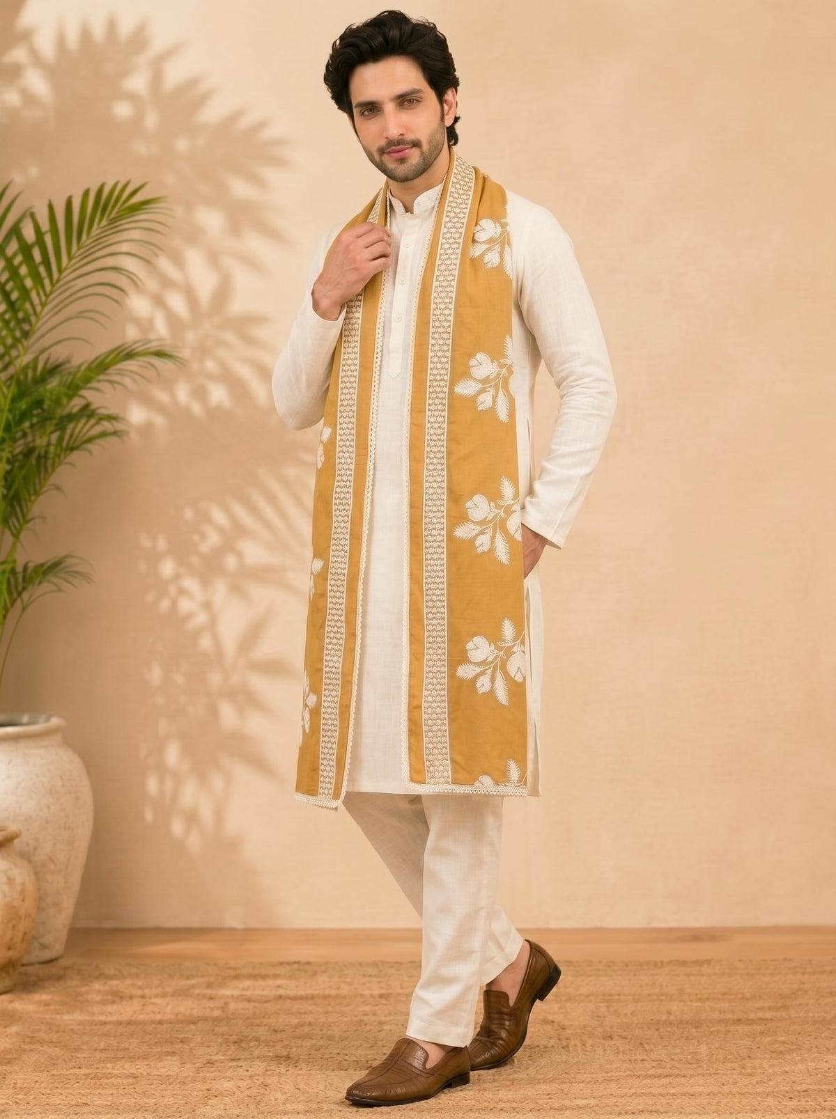 Pure Cotton Floral Embroidered Dupatta for Men | Sand Beige
