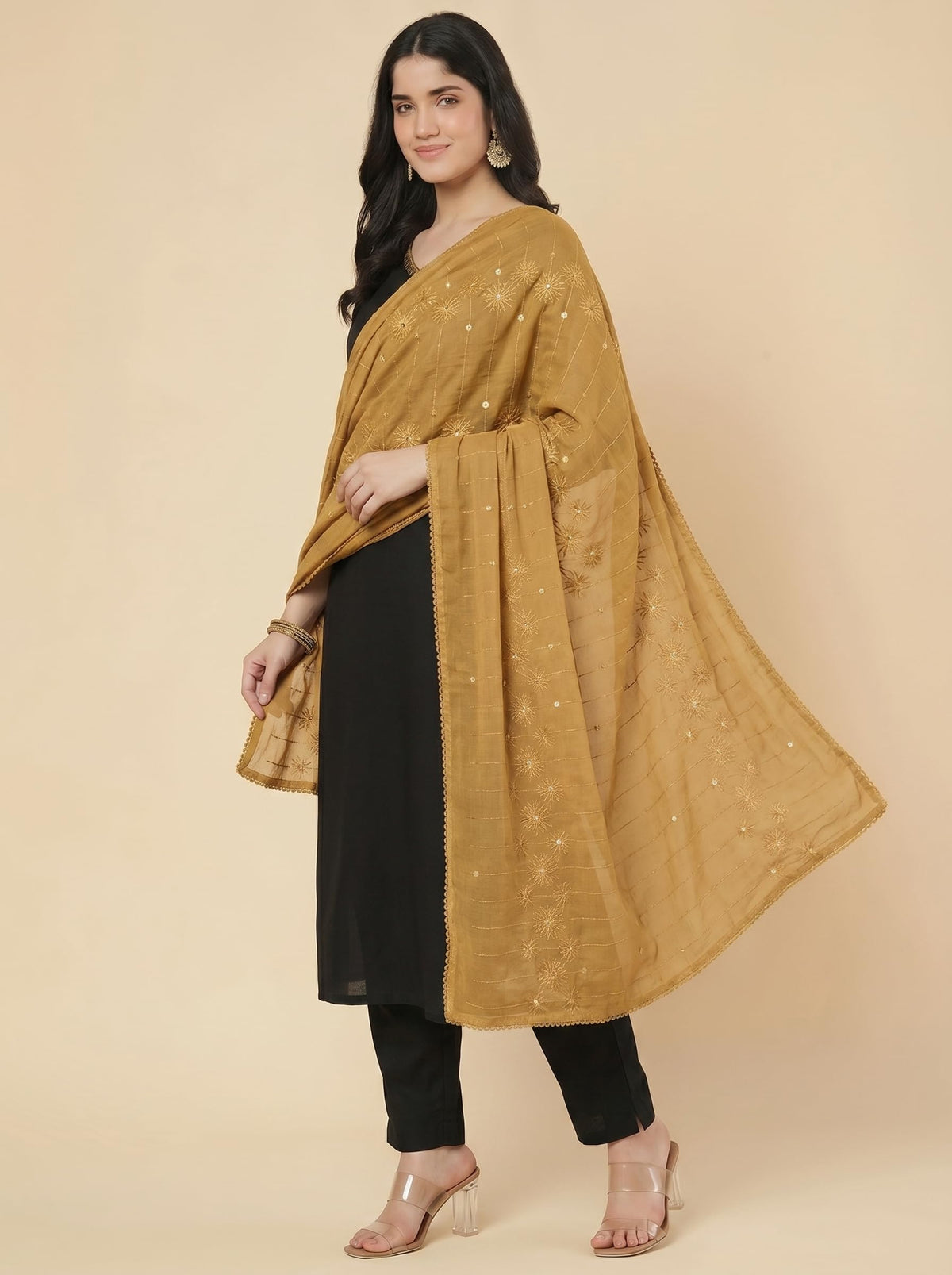 Floral Self Embroidered Chanderi Cotton Dupatta for Women | Sand Beige - view 4