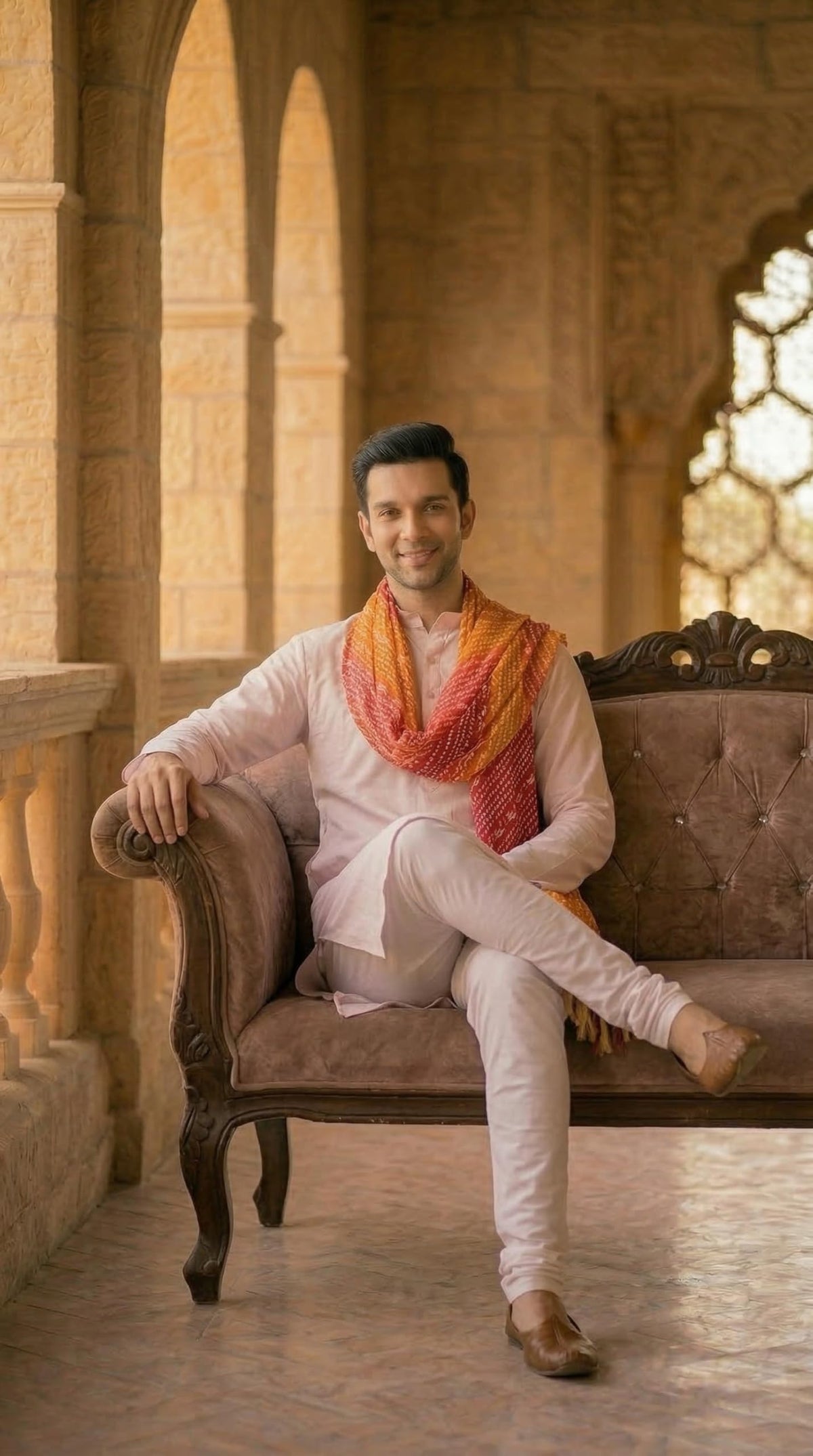 Chinnon Bandhani Dupatta for Men | Red Orange - view 4