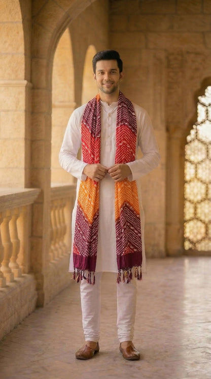 Chinnon Bandhani Dupatta for Men | Multicolor Orange