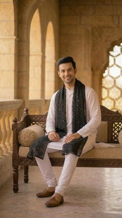 Chanderi Cotton Self Embroidery Dupatta for Men | Black - view 4