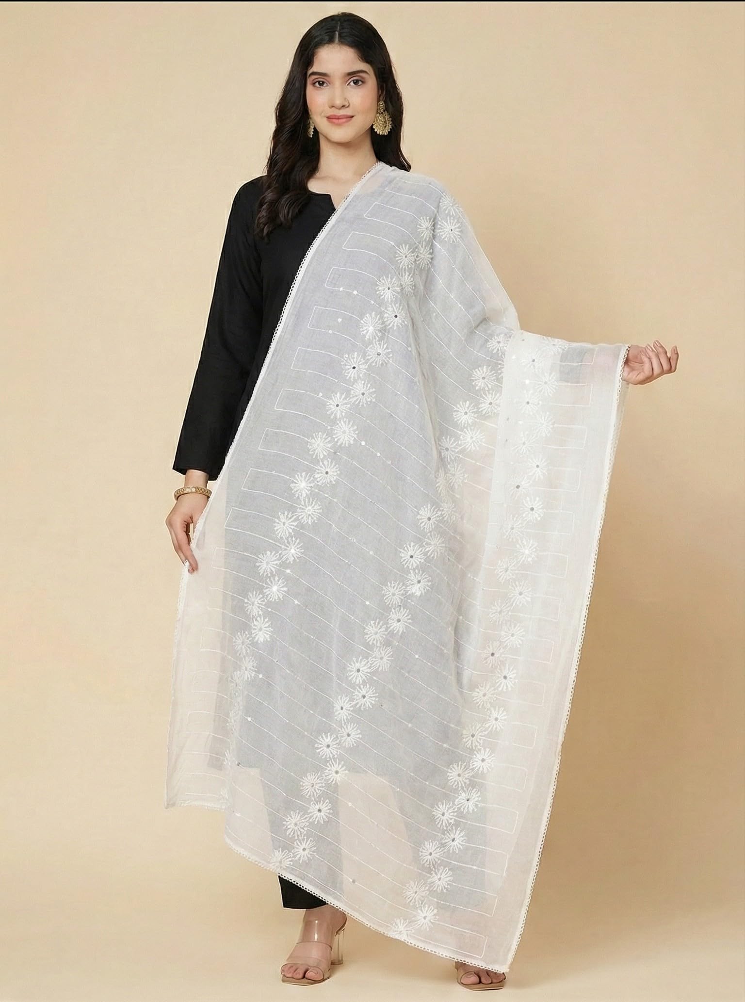 Floral Self Embroidered Chanderi Cotton Dupatta for Women | White
