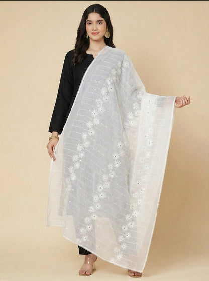 Floral Self Embroidered Chanderi Cotton Dupatta for Women | White