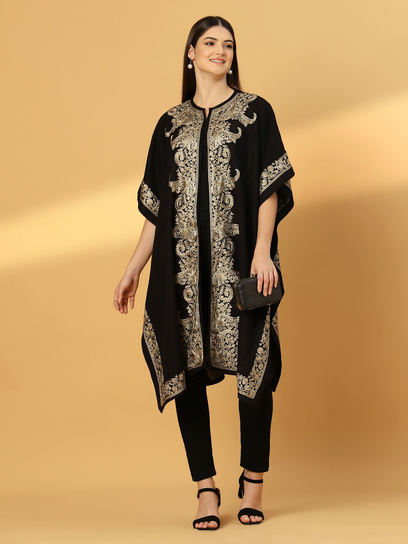 Floral Embroidery Black Pheran Shrug