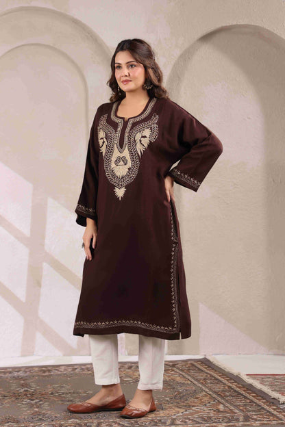 Kashmiri Pheran with Zari Embroidery | Brown