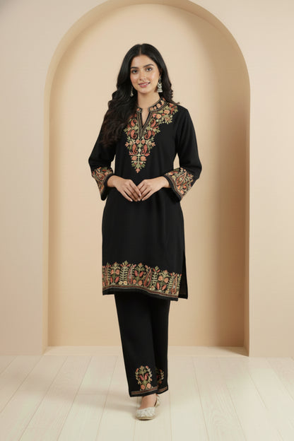 Floral Knitted Aari Embroidery Coord Set | Black
