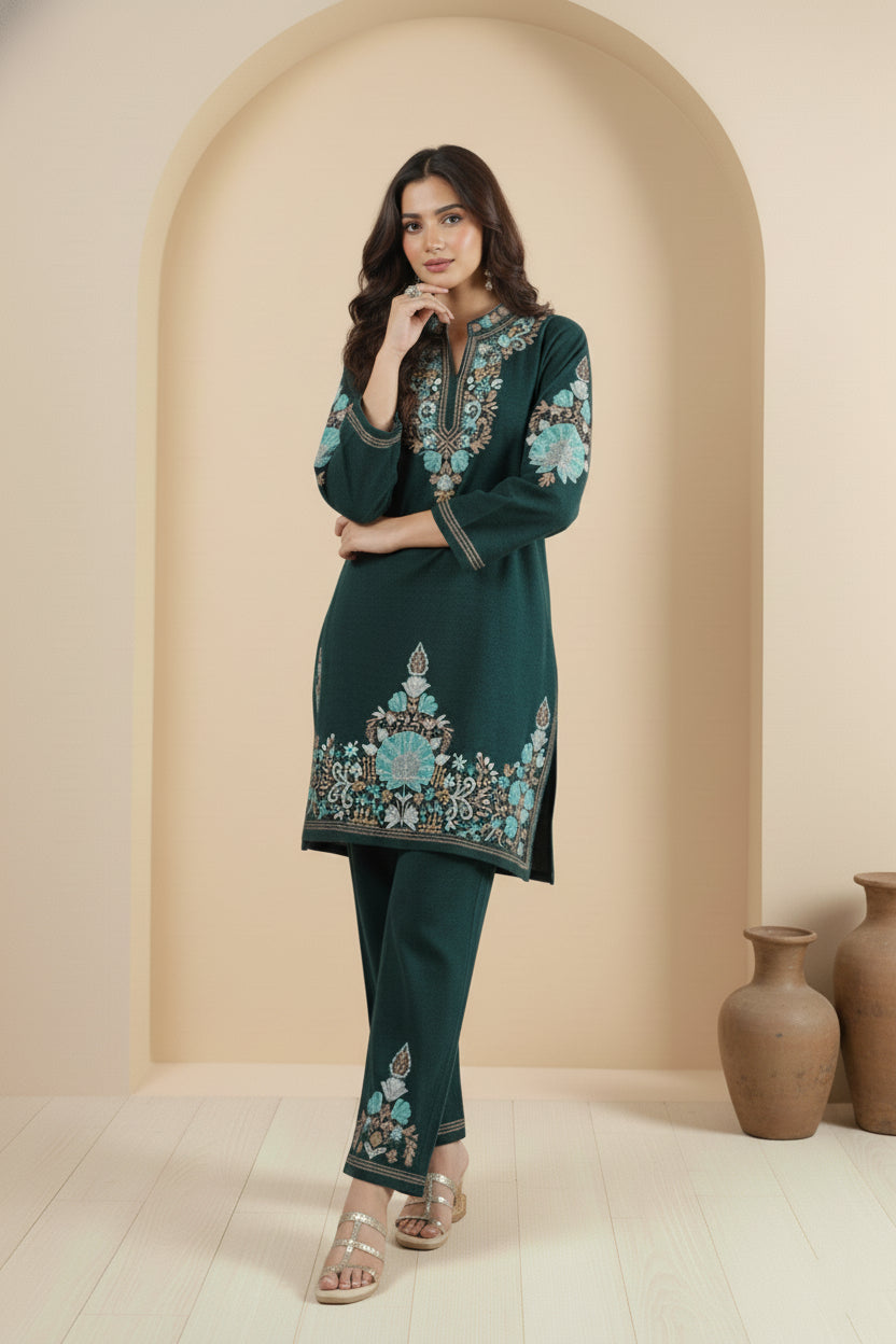 Floral Knitted Aari Embroidery Coord Set | Teal