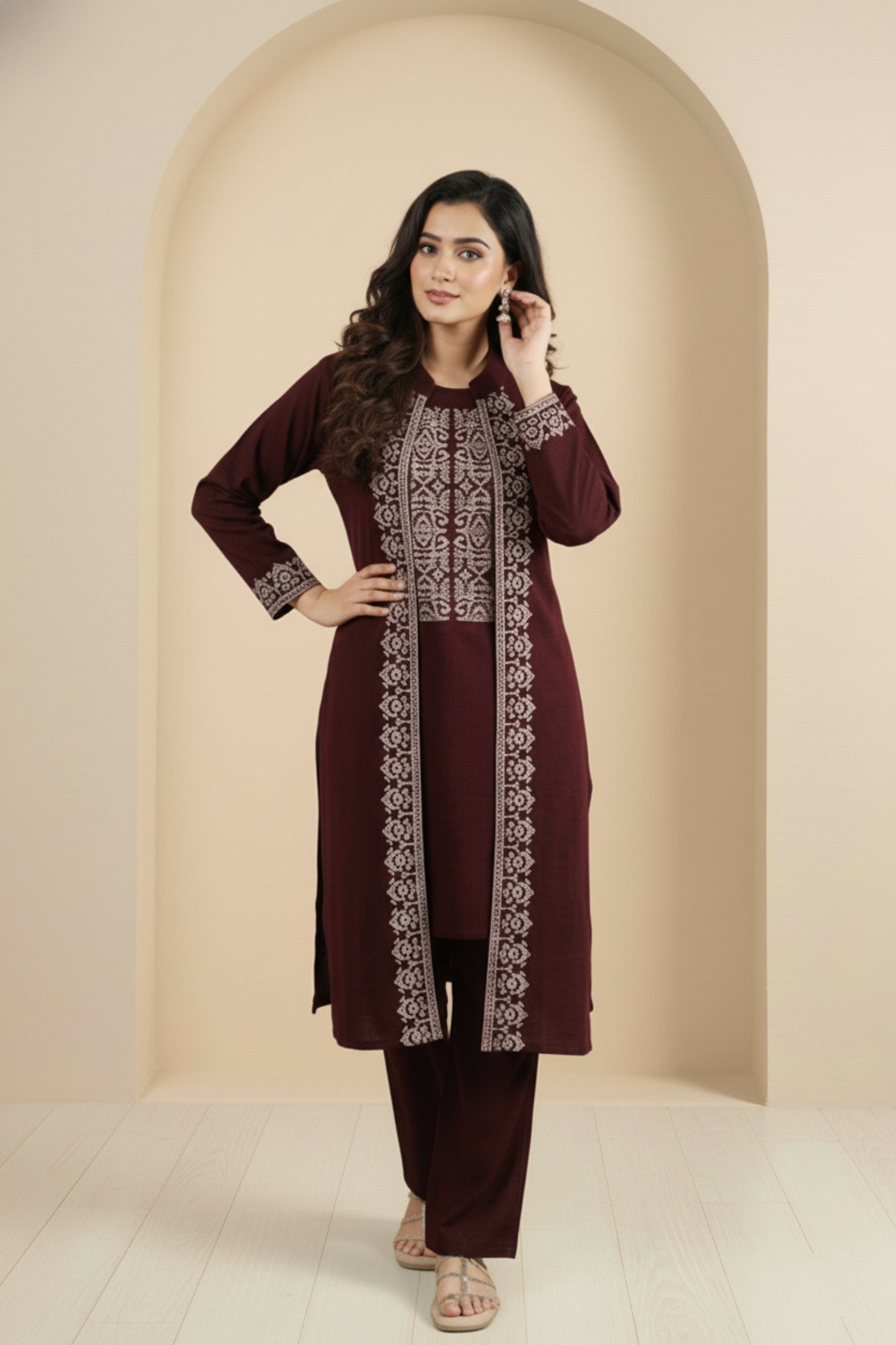 Three-Piece Woolen Knitted Coord Set | Maroon