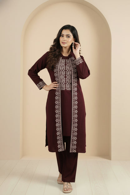 Three-Piece Woolen Knitted Coord Set | Maroon
