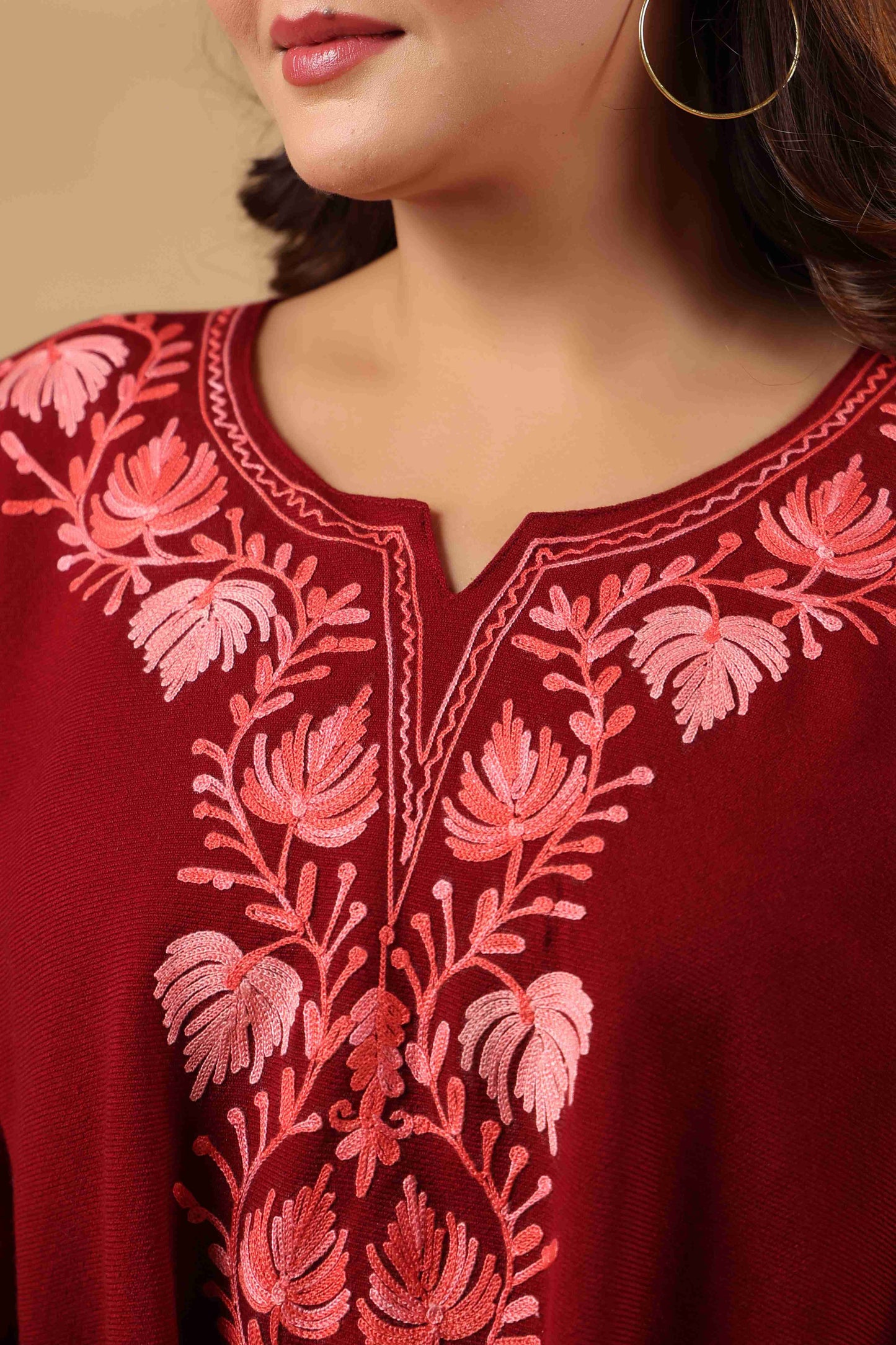 Woollen Poncho Top with Kashmiri Chinar Neck Hand Embroidery  and Inner Lining | Maroon