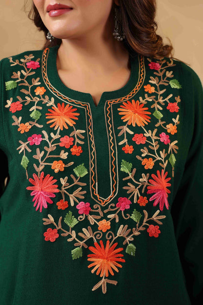 Multicolor Aari Embroidery Kashmiri Pheran | Green