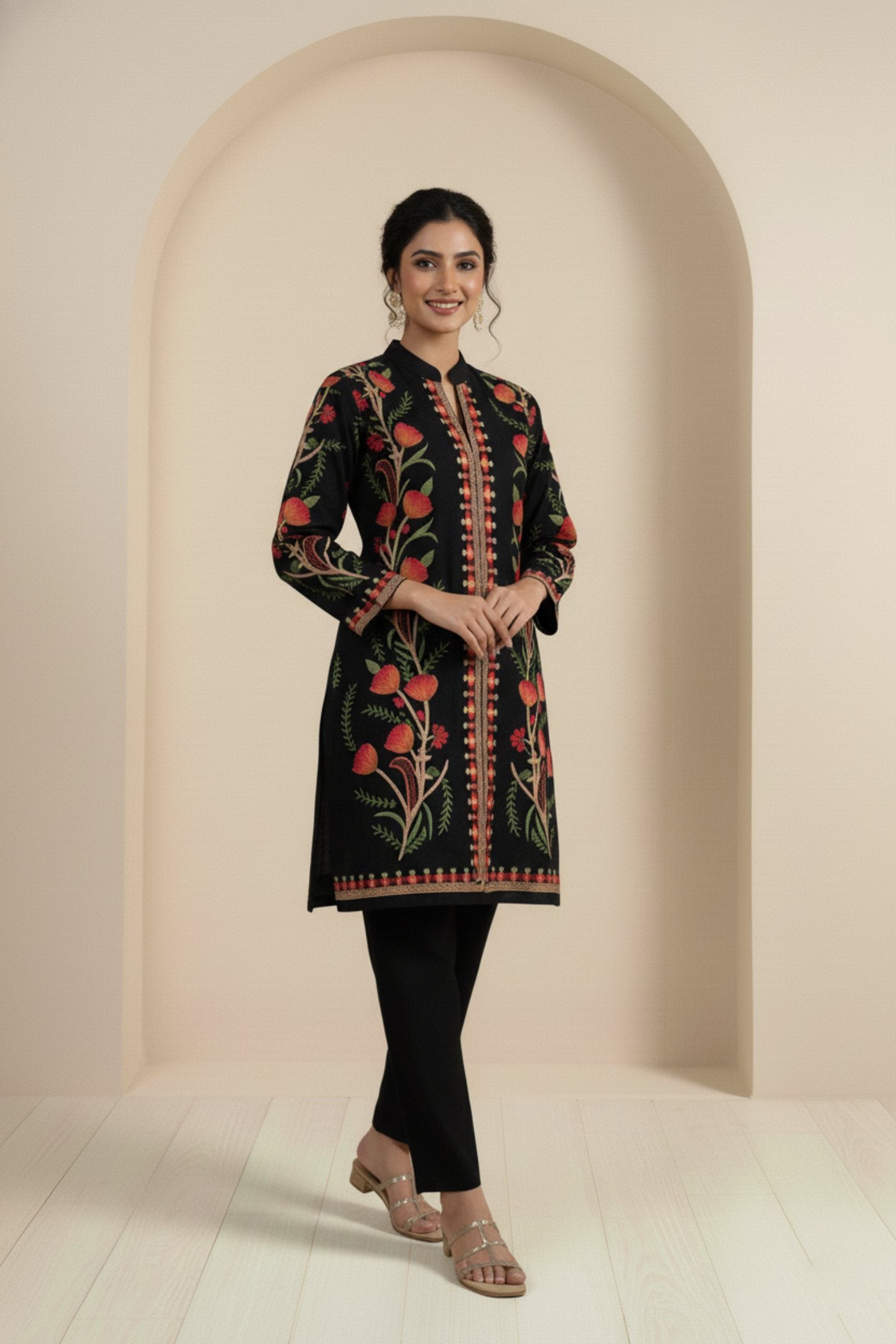 Floral Knitted Aari Embroidery Coord Set | Black