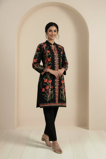 Floral Knitted Aari Embroidery Coord Set | Black