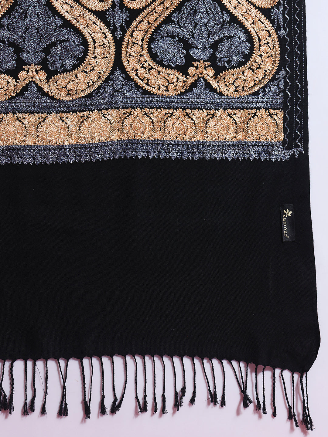 Woollen Pashmina Feel Stole in Silk Embroidery for Women | Black