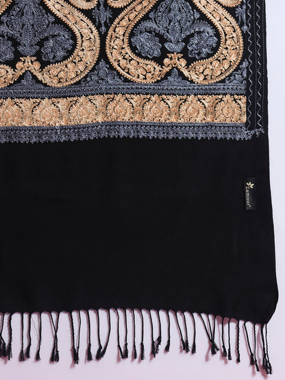 Woollen Pashmina Feel Stole in Silk Embroidery for Women | Black