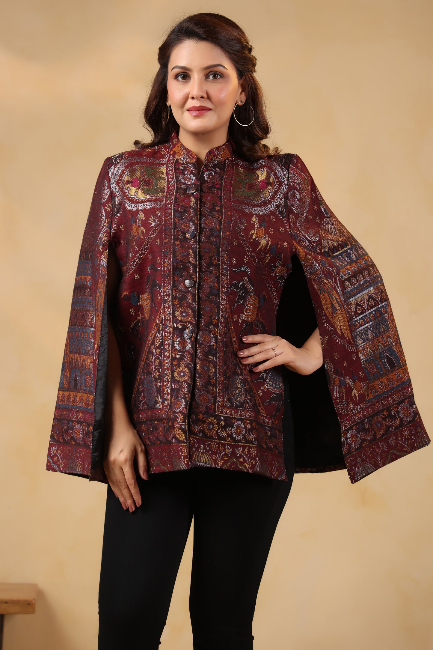 Women Woven Zari Darbar Royal Woollen Luxury Cape Jacket | Wine