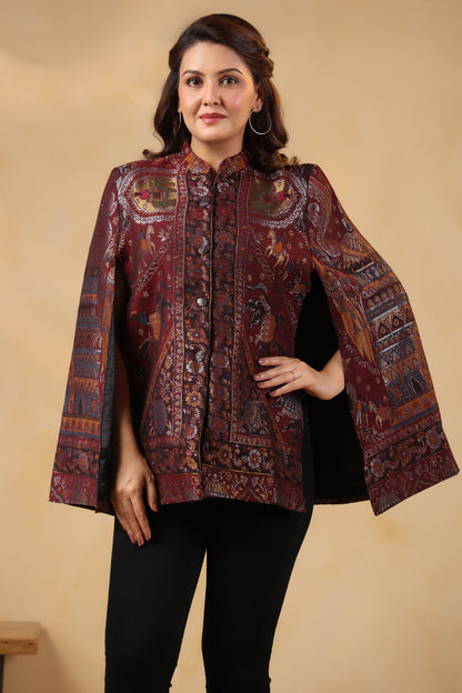 Women Woven Zari Darbar Royal Woollen Luxury Cape Jacket | Wine