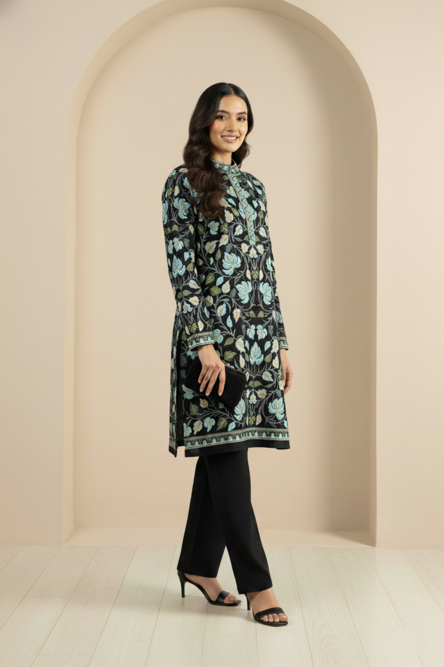 Floral Knitted Aari Embroidery Coord Set | Black