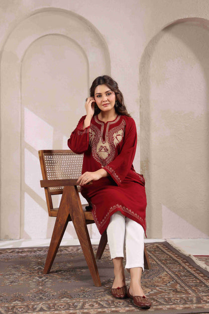 Kashmiri Pheran with Zari Embroidery | Maroon