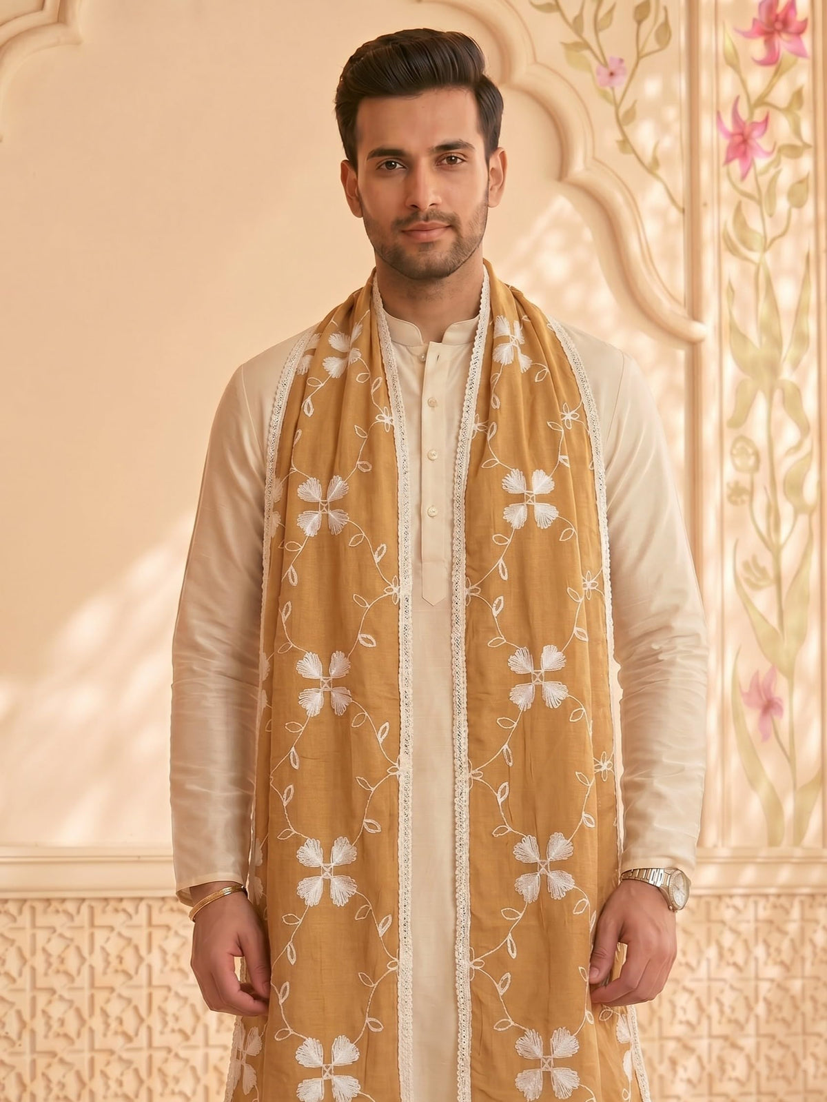 Pure Cotton Self Embroidery Dupatta for Men | Sand Beige - view 4